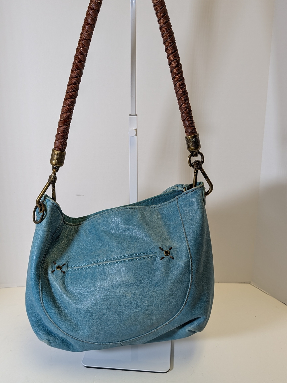 The Sak Teal Leather Shoulder Bag with Brown Braided Strap - Picture 2 of 6